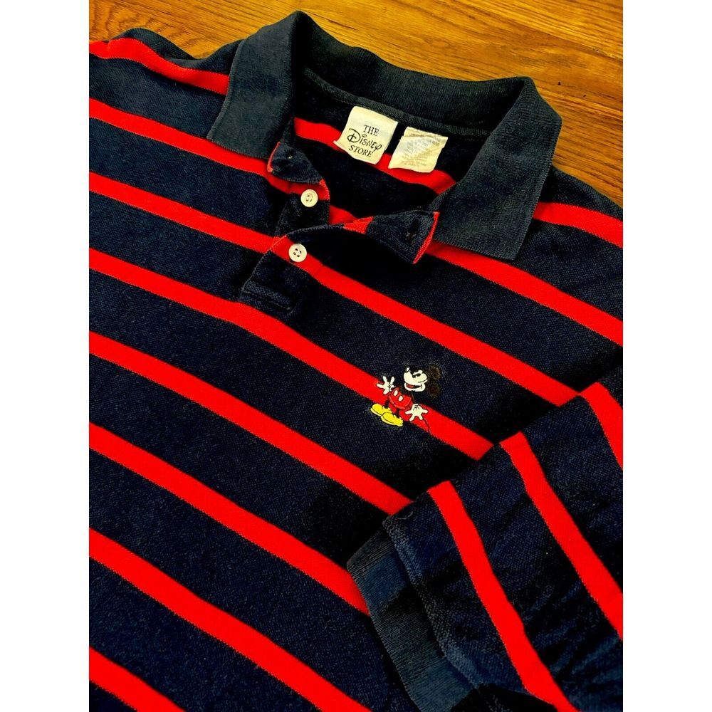 VTG 90s Disney Store Mickey Mouse Polo Med‎ Navy Red Stripe Short Sleeve Cotton